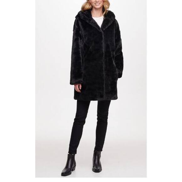 Women DKNY Black Faux Fur Hooded Coat Jacket Pockets Sz XL $380 - Picture 3 of 16